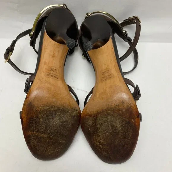 GUCCI Logo Horsebit Equestrian Chocolate Leather /Suede Strappy Heels Size 38 - Picture 8 of 10